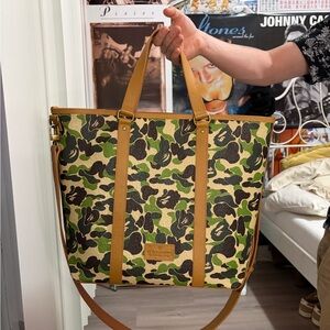 Canvas Camo Tote Bag with Tan Leather Trim - Green Camo